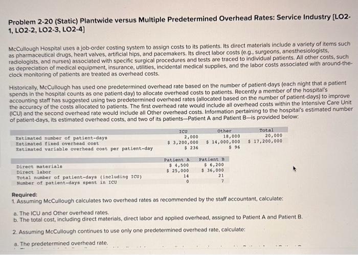 Problem 2-20 (Static) Plantwide versus Multiple Predetermined Overhead Rates: Service Industry [LO2-