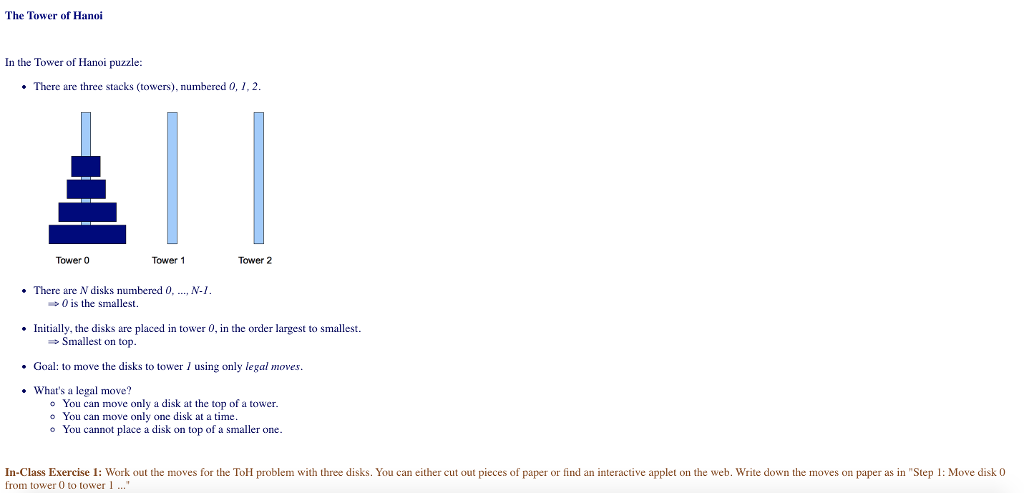 The Tower of Hanoi In the Tower of Hanoi puzzle: There are