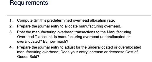 Requirements 1. Compute Smith's predetermined overhead allocation rate. 3. 2. Prepare the