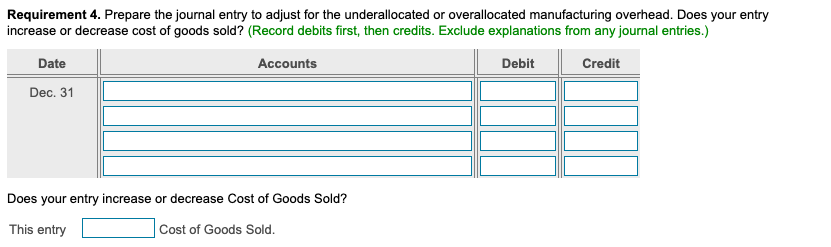 overallocated manufacturing overhead. Does your entry increase or decrease Cost of Goods