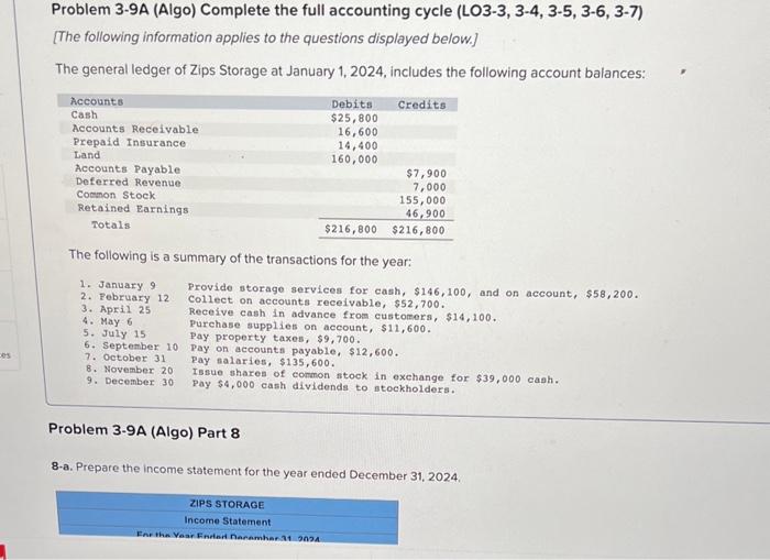 -es Problem 3-9A (Algo) Complete the full accounting cycle (LO3-3, 3-4, 3-5,
