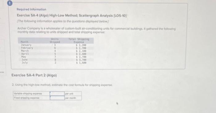 nces Required information Exercise 5A-4 (Algo) High-Low Method; Scattergraph Analysis [LOS-10) (The