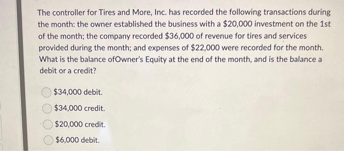The controller for Tires and More, Inc. has recorded the following transactions