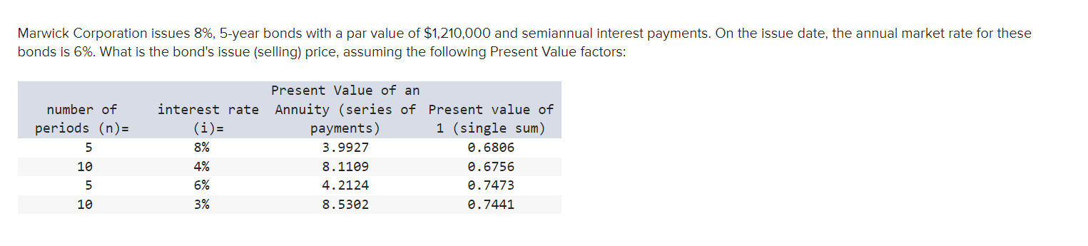 Marwick Corporation issues 8%, 5-year bonds with a par value of $1,210,000