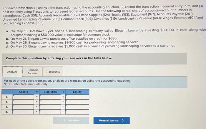 For each transaction, (1) analyze the transaction using the accounting equation, (2)