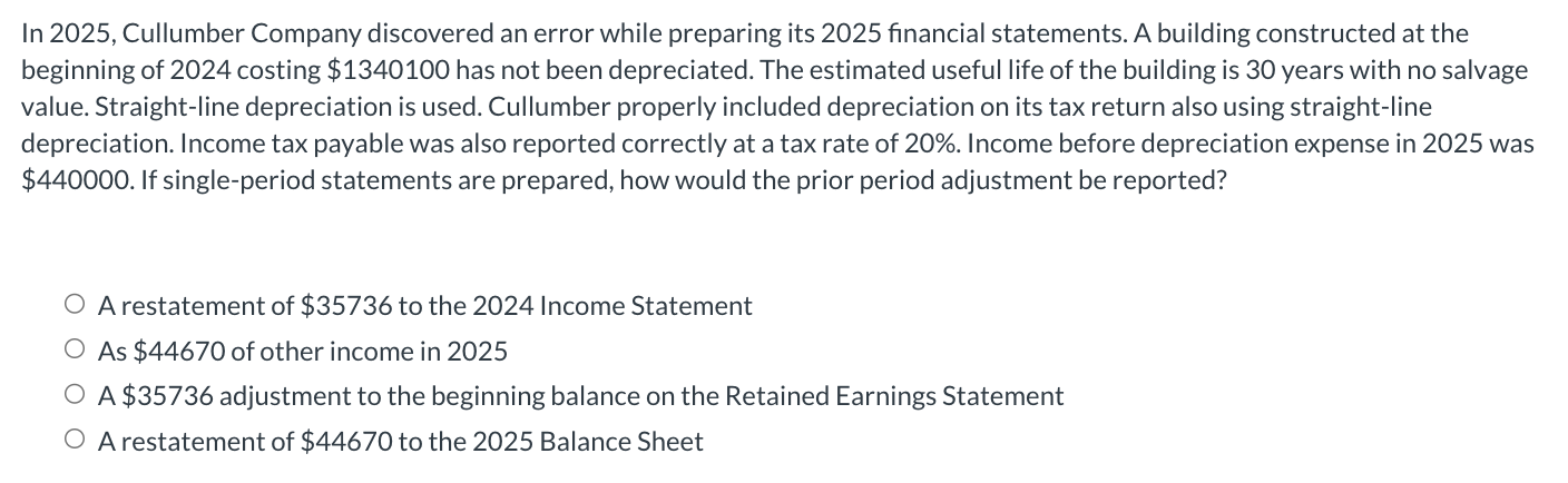 In 2025, Cullumber Company discovered an error while preparing its 2025 financial