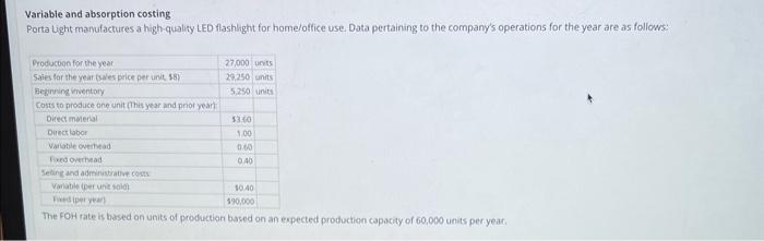 Variable and absorption costing Porta Light manufactures a high-quality LED flashlight for