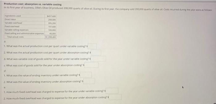Production cost; absorption vs. variable costing In its first year of business,