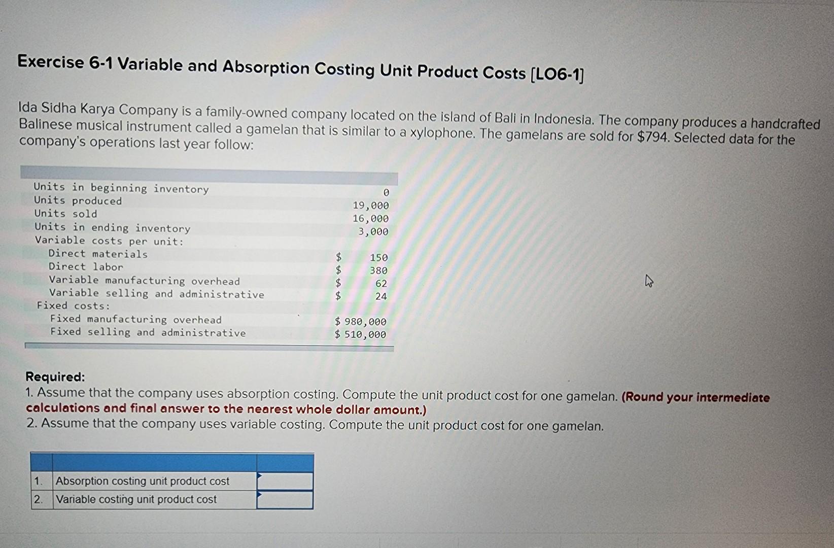 Exercise 6-1 Variable and Absorption Costing Unit Product Costs [LO6-1] Ida Sidha