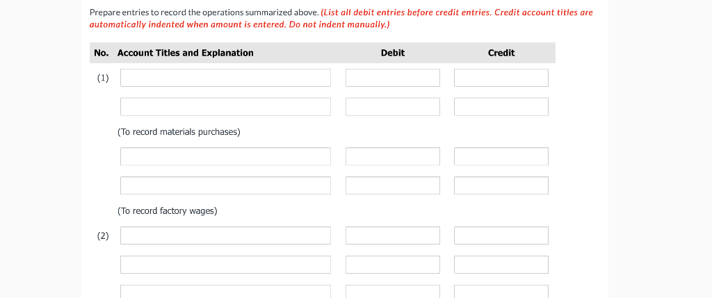 2. Materials requisitioned and factory labor used by job: Job Number Materials