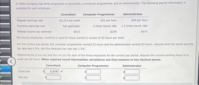 K. Mello Company has three employees-a consultant, a computer programmer, and an