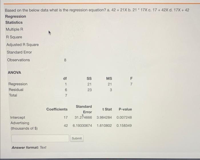 Based on the below data what is the regression equation? a. 42