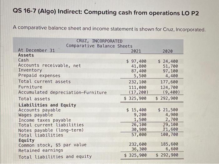 QS 16-7 (Algo) Indirect: Computing cash from operations LO P2 A comparative