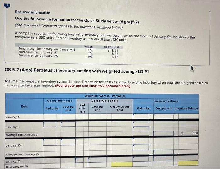 Required information Use the following information for the Quick Study below. (Algo)