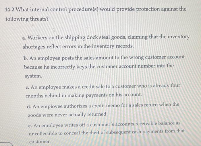 14.2 What internal control procedure(s) would provide protection against the following threats?