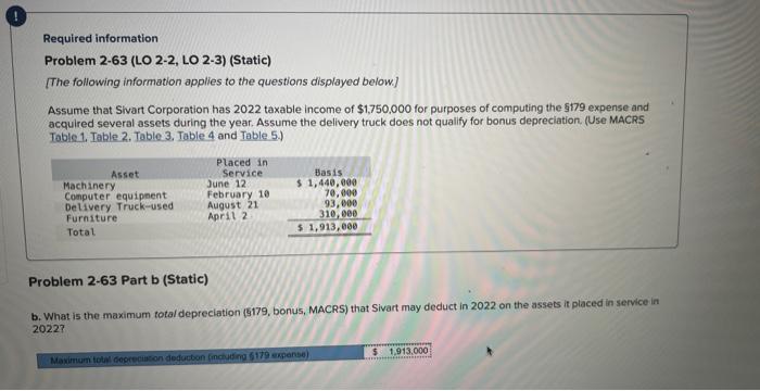 Required information Problem 2-63 (LO 2-2, LO 2-3) (Static) [The following information