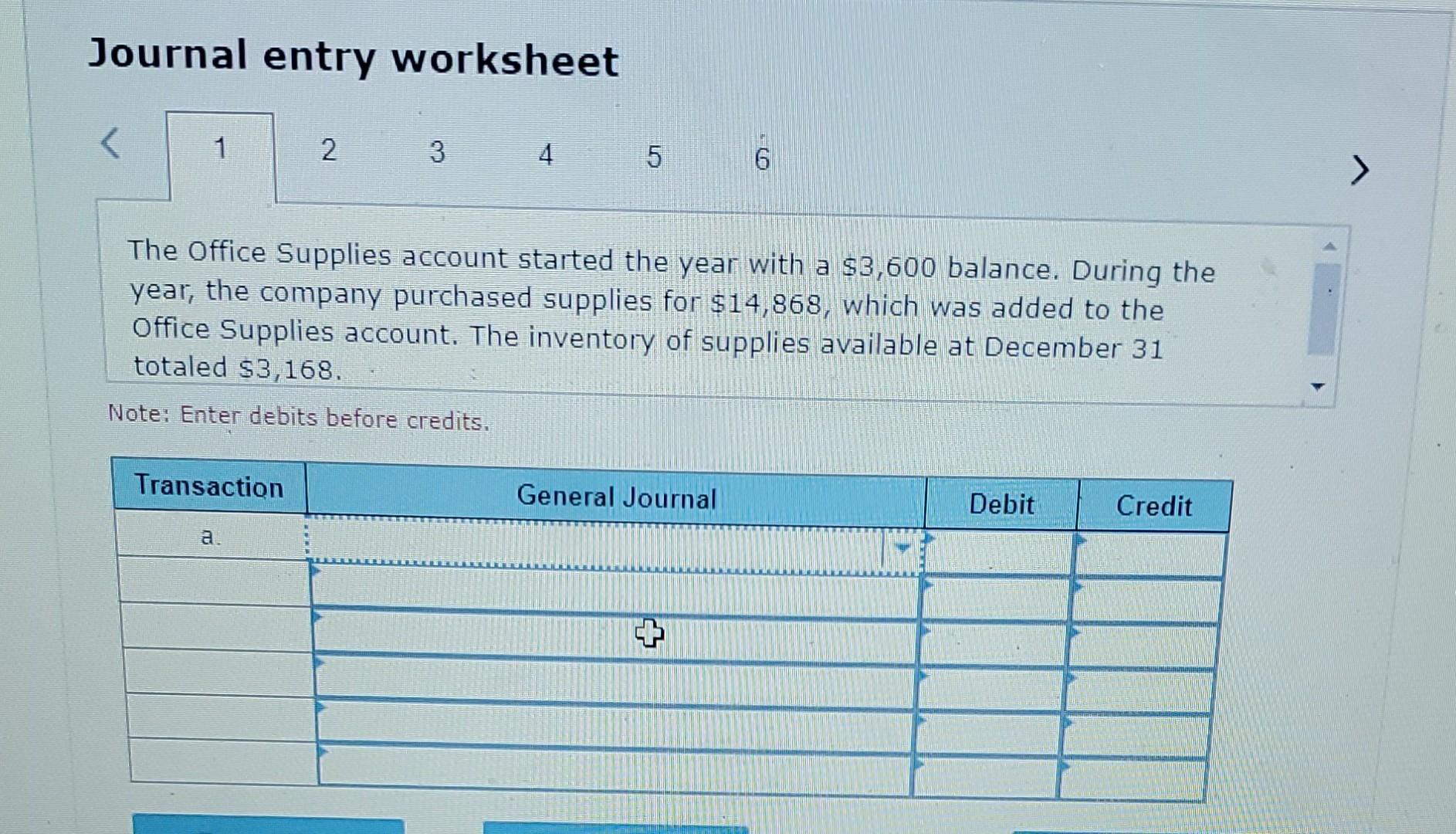 Journal entry worksheet < 1 2 3 4 5 6 The Office