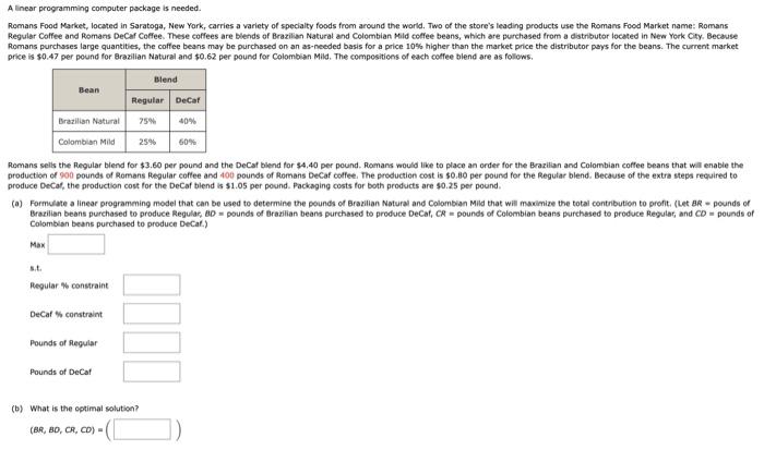 A linear programming computer package is needed. Romans Food Market, located in