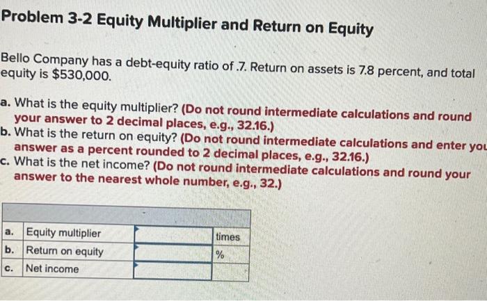 Problem 3-2 Equity Multiplier and Return on Equity Bello Company has a