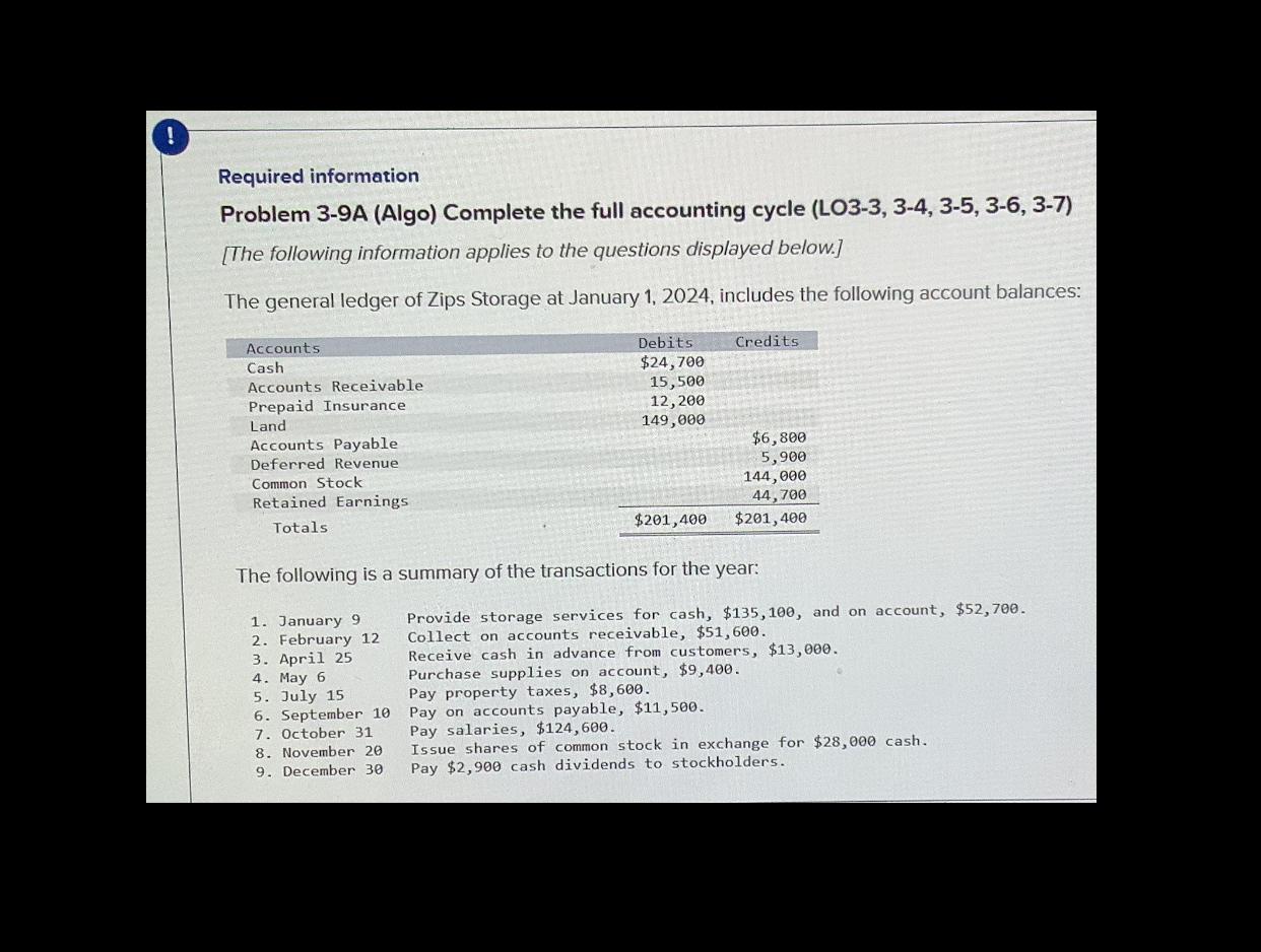 ! Required information Problem 3-9A (Algo) Complete the full accounting cycle (LO3-3,