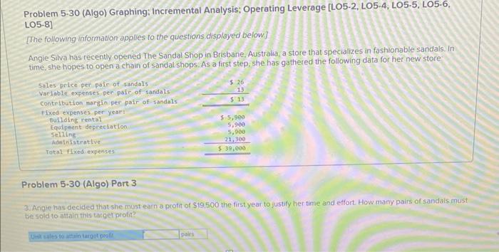 Problem 5-30 (Algo) Graphing: Incremental Analysis; Operating Leverage [LO5-2, LO5-4, LO5-5, LO5-6,