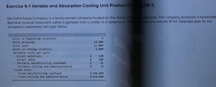 Exercise 6-1 Variable and Absorption Costing Unit Product Co 06-1] Ida Sidha