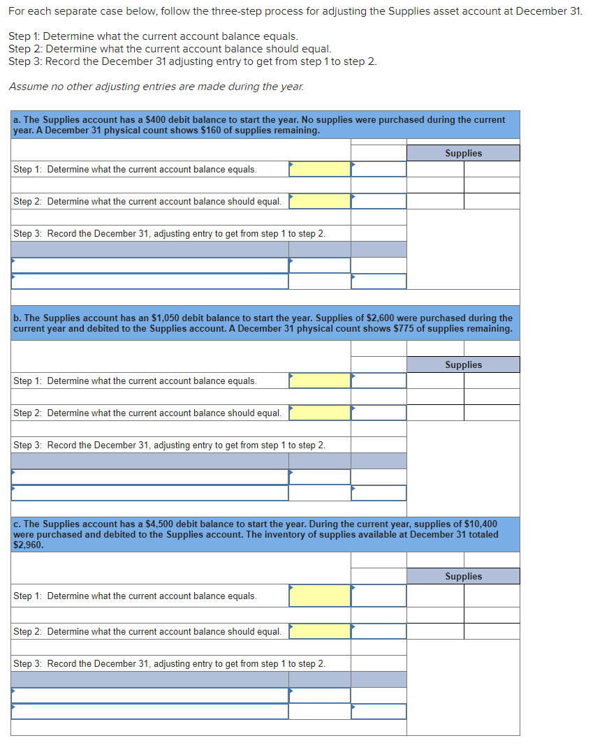 For each separate case below, follow the three-step process for adjusting the