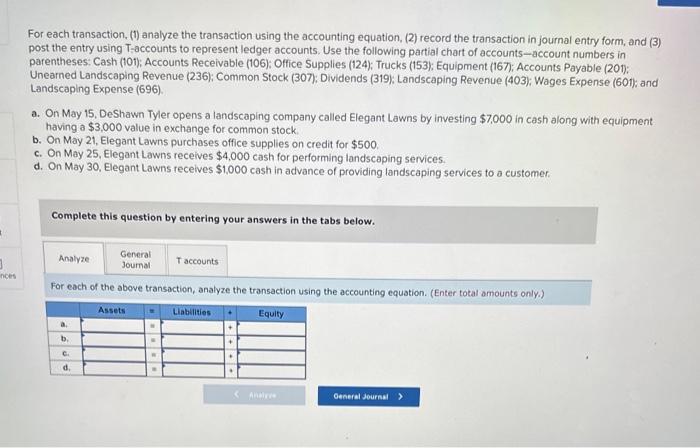 inces For each transaction, (1) analyze the transaction using the accounting equation,