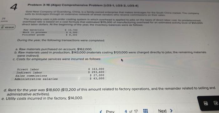 4 Problem 3-16 (Algo) Comprehensive Problem (LO3-1, LO3-2, LO3-4) Gold Nest Company
