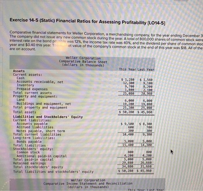 Exercise 14-5 (Static) Financial Ratios for Assessing Profitability [LO14-5] Comparative financial statements