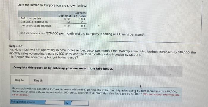 Data for Hermann Corporation are shown below: Percent Per Unit of Sales
