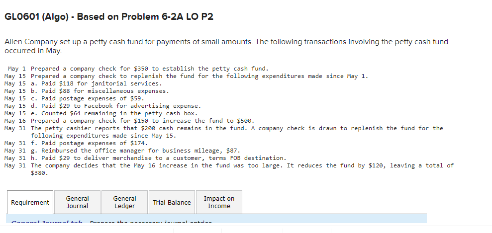 GL0601 (Algo) - Based on Problem 6-2A LO P2 Allen Company set