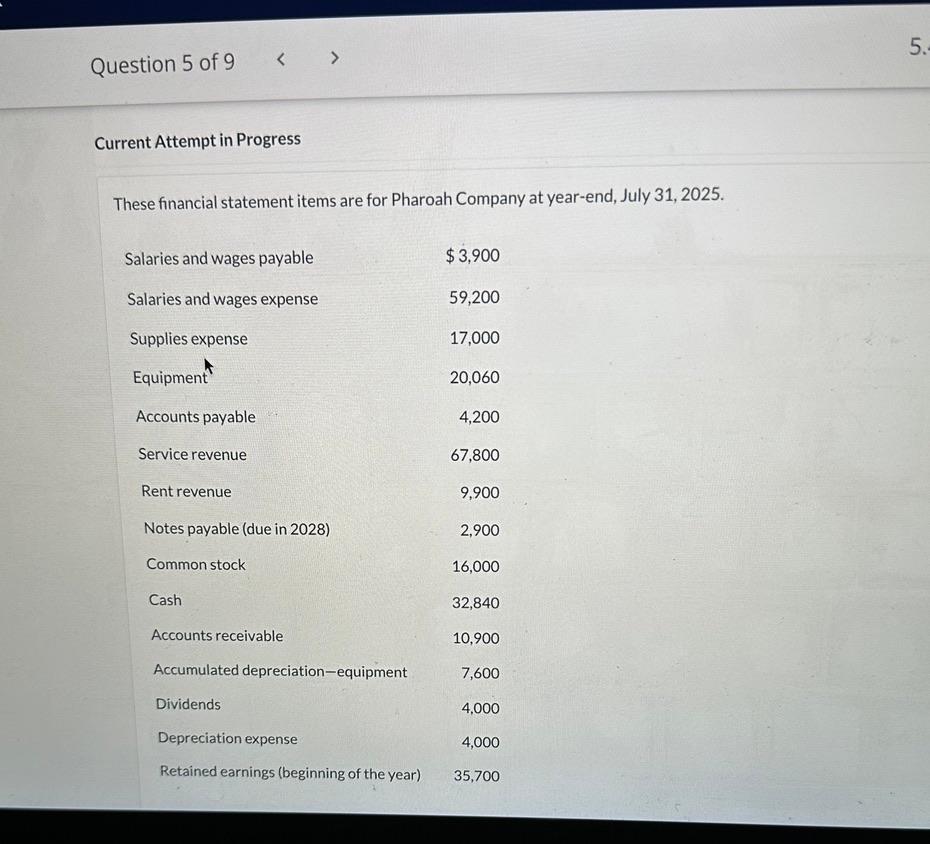 Question 5 of 9 < > Current Attempt in Progress These financial