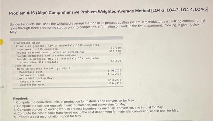ces Problem 4-16 (Algo) Comprehensive Problem-Weighted-Average Method [LO4-2, LO4-3, LO4-4, LO4-5] Builder