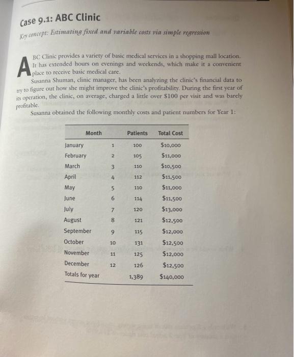Case 9.1: ABC Clinic Key concept: Estimating fixed and variable costs via