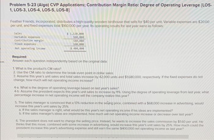 ces Problem 5-23 (Algo) CVP Applications; Contribution Margin Ratio: Degree of Operating