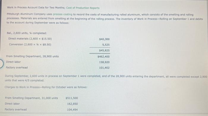 Work in Process Account Data for Two Months; Cost of Production Reports