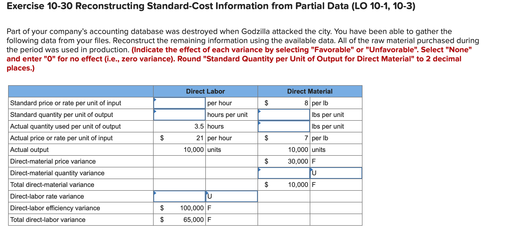 Exercise 10-30 Reconstructing Standard-Cost Information from Partial Data (LO 10-1, 10-3) Part