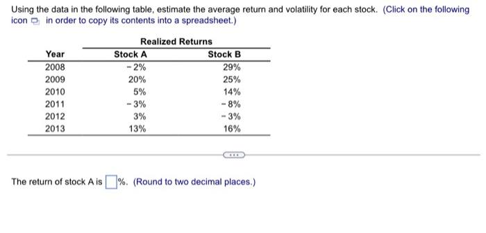 Using the data in the following table, estimate the average return and