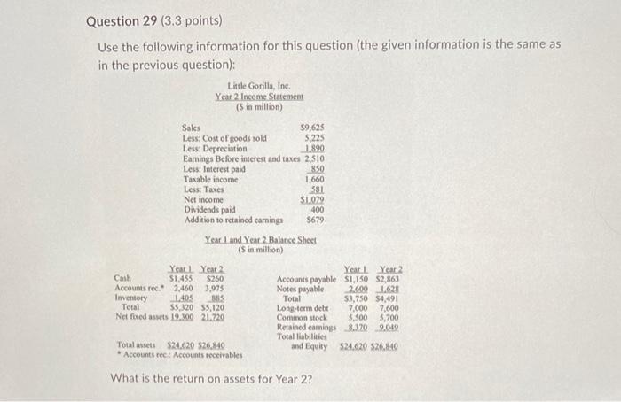 Question 29 (3.3 points) Use the following information for this question (the