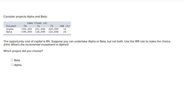 Consider projects Alpha and Beta: Cash Flows ($) C1 251,000 Project Alpha