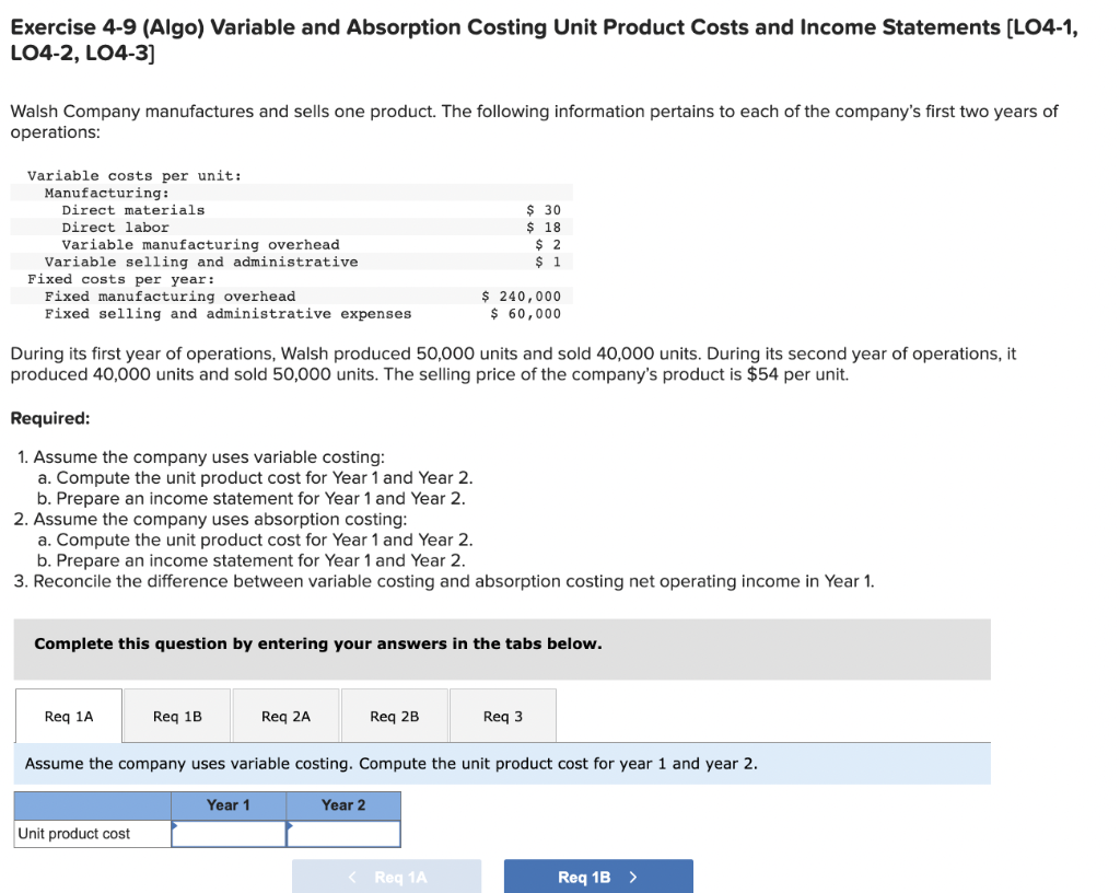 Exercise 4-9 (Algo) Variable and Absorption Costing Unit Product Costs and Income