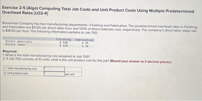 Exercise 2-5 (Algo) Computing Total Job Costs and Unit Product Costs Using