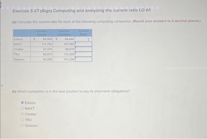 Exercise 3-27 (Algo) Computing and analyzing the current ratio LO A1 (a)