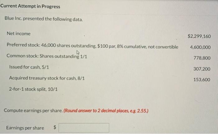 Current Attempt in Progress Blue Inc. presented the following data. Net income