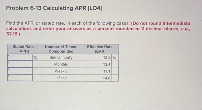 Problem 6-13 Calculating APR [LO4] Find the APR, or stated rate, in