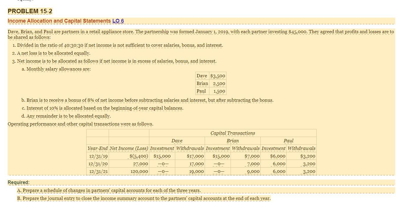 PROBLEM 15-2 Income Allocation and Capital Statements LO 6 Dave, Brian, and