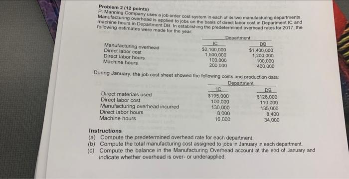 Problem 2 (12 points) P. Manning Company uses a job order cost