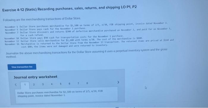 Exercise 4-12 (Static) Recording purchases, sales, returns, and shipping LO P1, P2