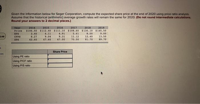 Given the information below for Seger Corporation, compute the expected share price